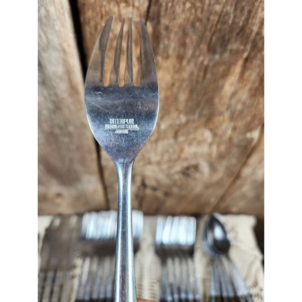 Vintage Interpur Canoe Hearts Flatware Set 39pc Stainless Japan Brown Wood